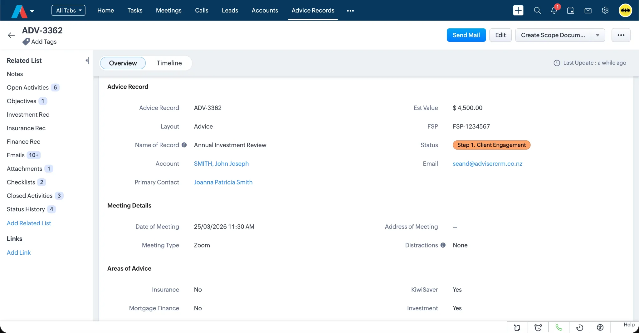 Advice record details in Adviser CRM