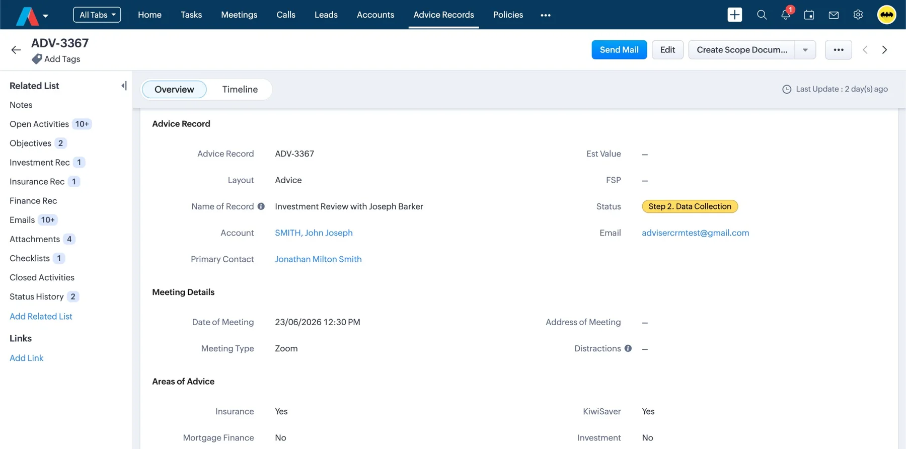 Advice record in Adviser CRM