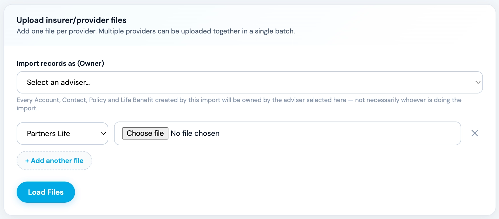 Adviser CRM Data Import Tool showing provider file upload and adviser ownership selection