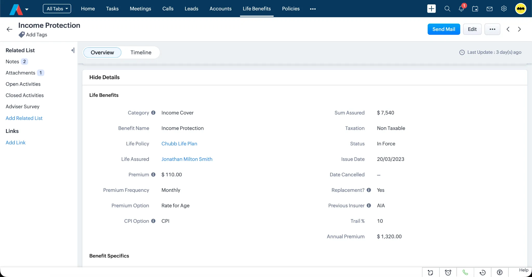Life benefit detail record in Adviser CRM