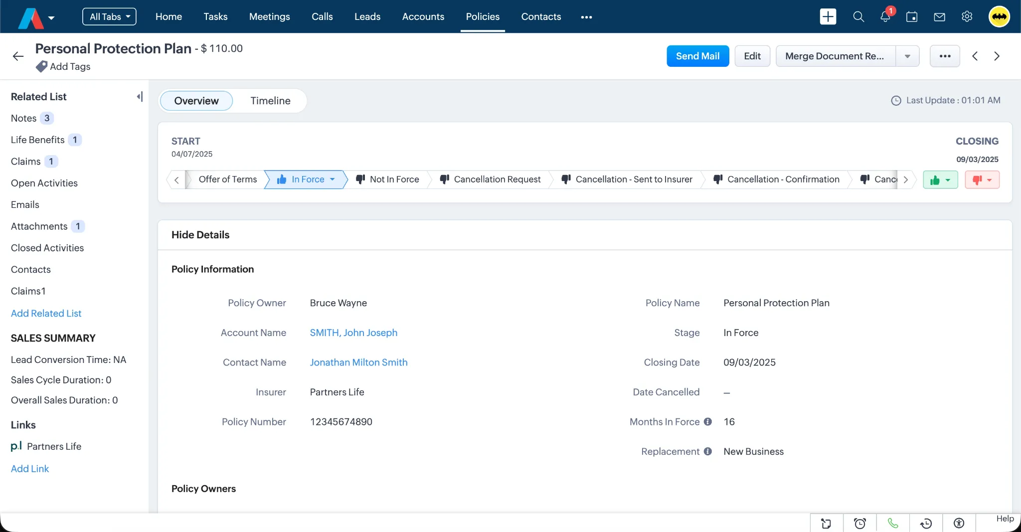 Life policy detail record in Adviser CRM
