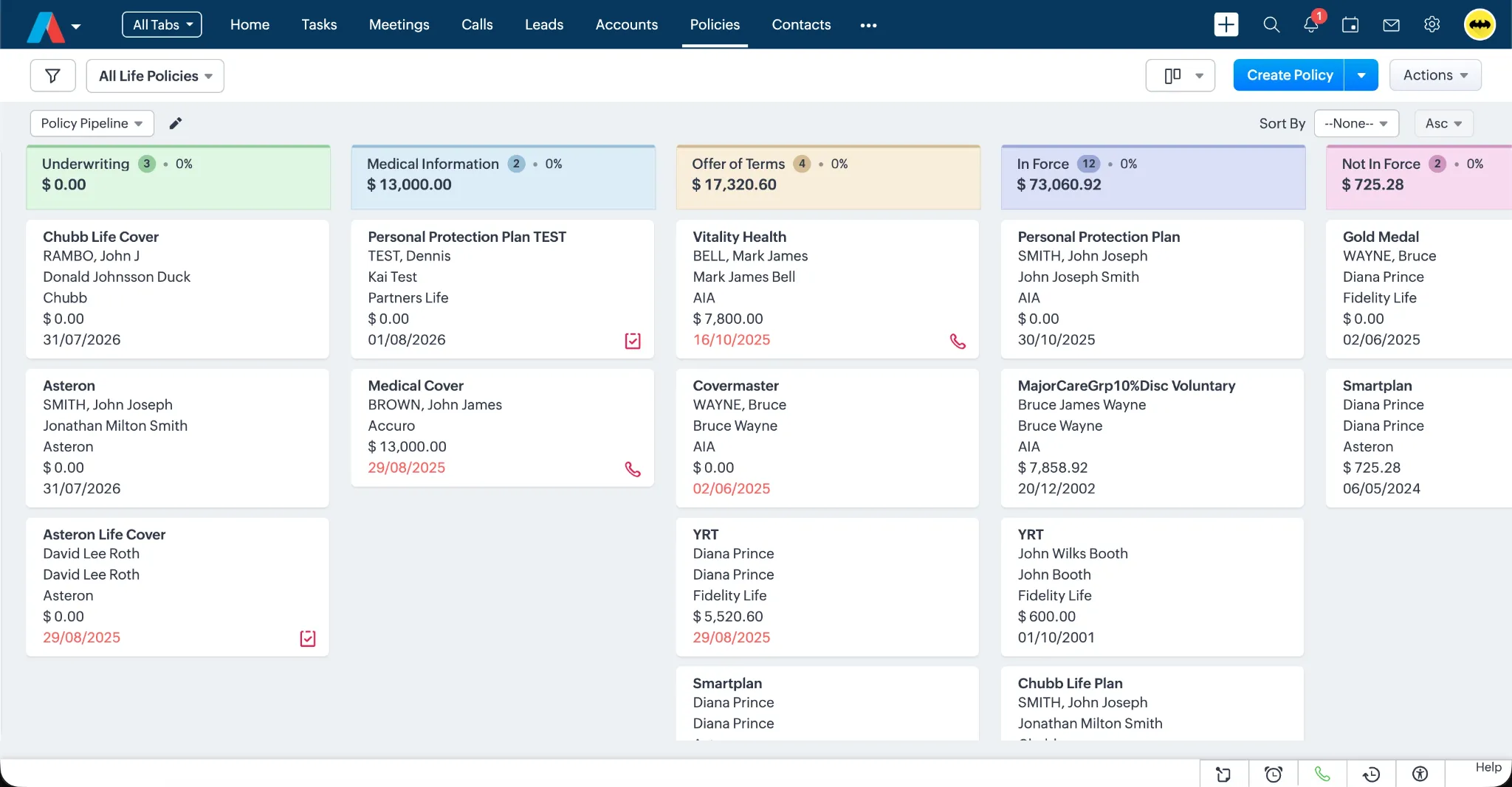 Life policy pipeline in Adviser CRM