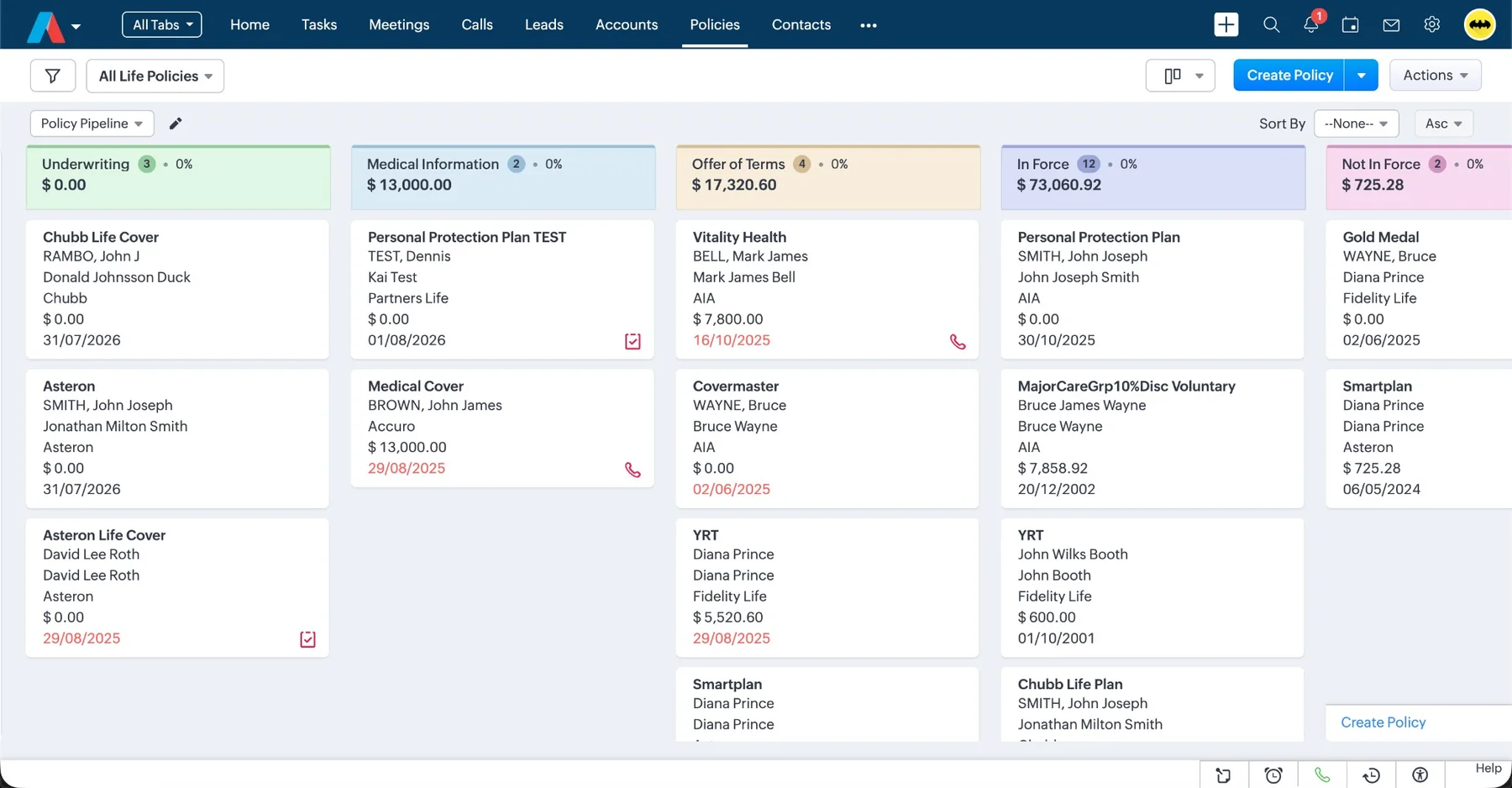 Life policy pipeline in Adviser CRM
