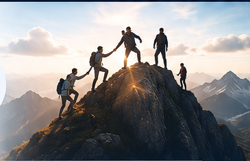 A team helping one another reach a shared summit, representing close partnership and experienced delivery